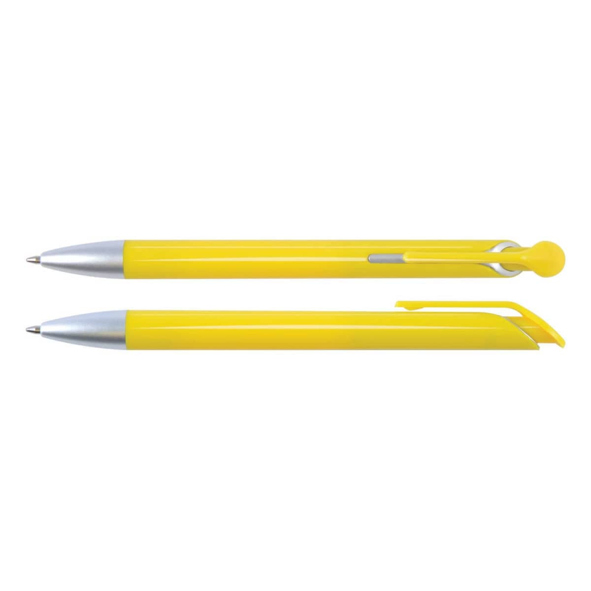 A set of yellow plastic pens with silver accents, featuring a click mechanism and a sleek design.